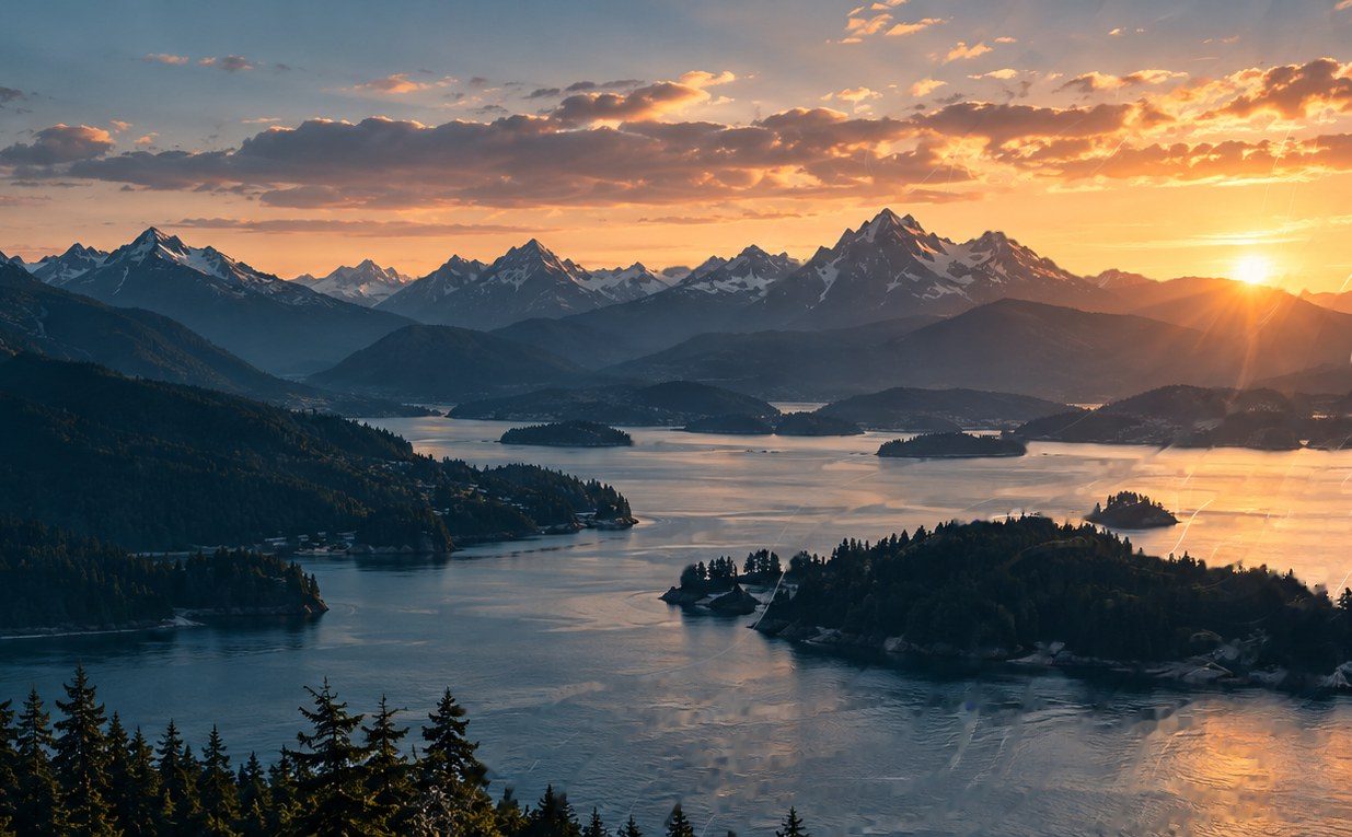 Sunset over the islands and coast mountains of British Columbia